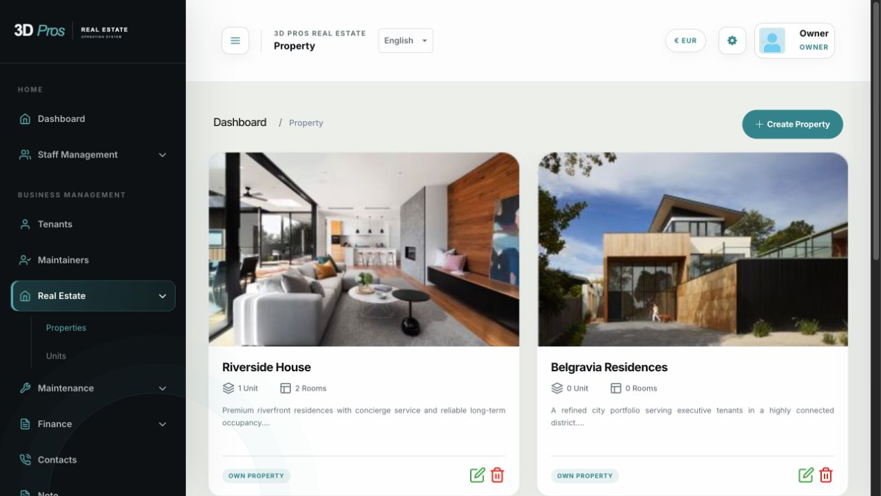 Property portfolio screen with property cards
