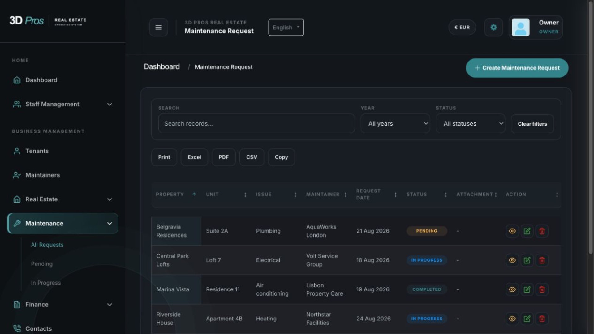 Maintenance request screen showing service status, property, unit and maintainer details